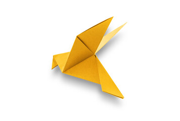Yellow paper dove origami isolated on a white background - obrazy, fototapety, plakaty