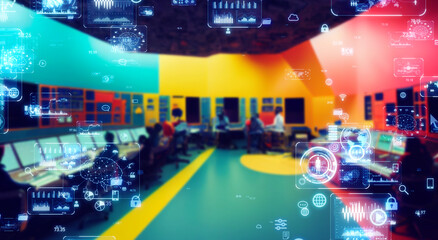 Group of people in control room and digital data concept.