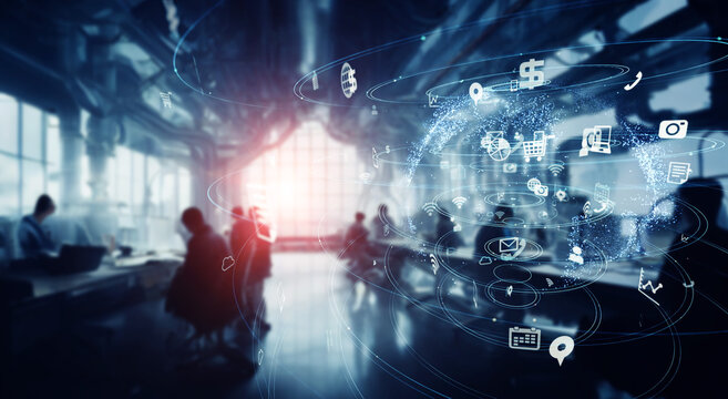 Group of people meeting in futuristic room and communication network concept.