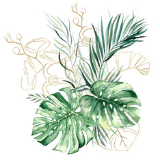 Bouquet made of Green and Golden tropical watercolor leaves, isolated wedding illustration