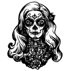 Template of beautiful woman with a rose in her hair and sugar skull makeup for Day of The Dead