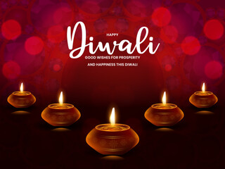 Illustration of realistic oil lamps ( Diya) on a Red beautiful background for the Indian festival of lights Happy Diwali. 
