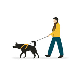 A man in warm clothes walks a dog. Black dog in a harness on a leash. Pet care. Vector illustration in flat cartoon style on a white background