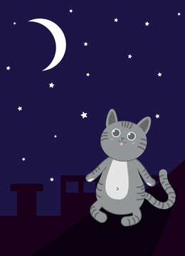 A pensive cat looks at the sky, counts the stars. The cat is doing yoga on the roof. Poster. Vector illustration.