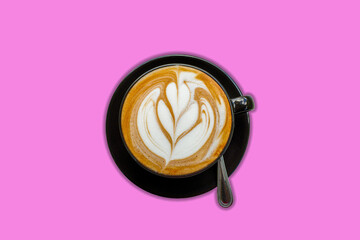 Black cups with hot coffee or Latte , Cappuccino art on a bright colored background.
