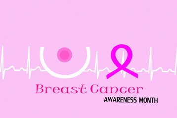  drawing of young woman breast with text awareness month of breast cancer , Pink Ribbon symbol , Breast cancer awareness ribbon background.