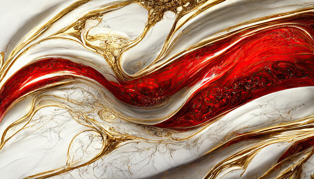 Abstract luxury marble background. Digital art marbling texture. Red and gold colors. 3d illustration
