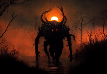 A creepy swamp demon inspecting his possessions at sunset. Realistic digital illustration. Fantastic Background. Concept Art. CG Artwork. - obrazy, fototapety, plakaty