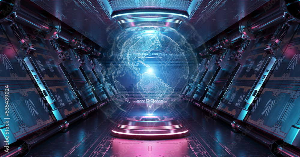 Fototapete blue and pink spaceship interior with glowing world map. futuristic corridor in space station with p
