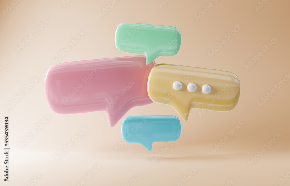 Wall mural minimalist blue red green and yellow speech bubbles talk icons floating over orange background. mode