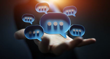 Businessman in dark using digital speech bubbles talk icons. Minimal conversation or social media...