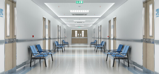 Long white hospital corridor with rooms and seats 3D rendering. Empty accident and emergency interior with bright lights lighting the hall from the ceiling