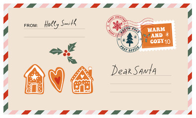 Christmas envelope with stamps, seals, gingerbread houses and inscriptions to Santa Claus.