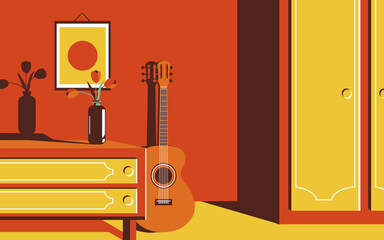 Beautiful vector illustration of a cozy home interior or living room with a guitar. Creative room in trendy reds, oranges and yellows