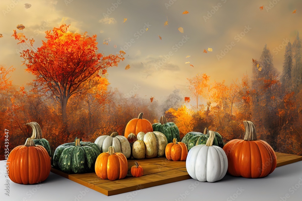 Poster abstract autumn landscape scene with product stand and pumpkins. 3d rendering background.. high qual