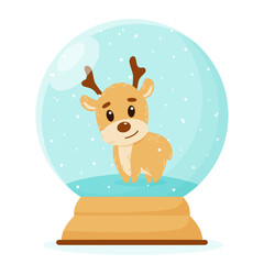 A snow globe with a cute fawn and snow inside.