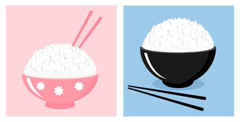 Rice bowls with chopsticks on pink and blue backgrounds. Cute food icon sign vector illustration.