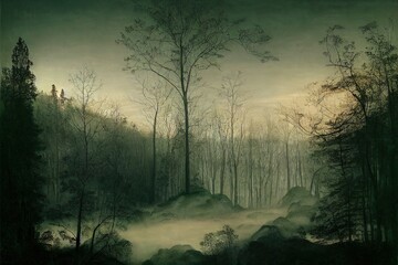 Spooky light in foggy forest. High quality illustration