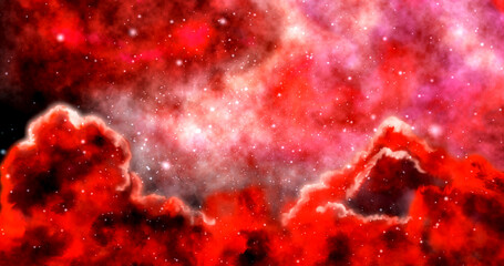 Space exploration through outer space towards a starlight orange background. Flying clouds through glowing nebulae, Flying through the clouds and star fields in deep space.