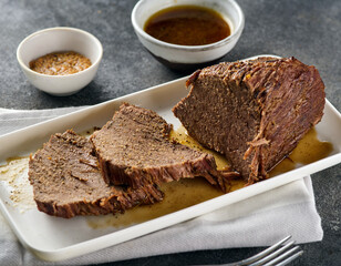 Roast beef, beef stew, sliced fried piece of beef with sauce on a plate.