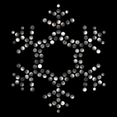 Silver snowflake glittering crystals mosaic element on black background. Christmas symbol abstract object isolated.