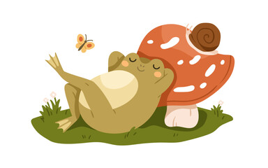 Cute frog sleeping under mushroom. Funny sleepy froggy asleep in nature. Adorable amphibian dreaming, lying on grass. Sweet happy toad relaxing. Flat vector illustration isolated on white background