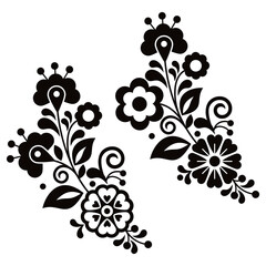 Mexican folk art style vector floral pattern set of two, black and white designs collection inspired by traditional embroidery from Mexico
 
