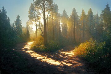 Obraz premium Forest path in the morning sun beam. High quality illustration