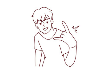 Cool young man show hand gesture. Smiling millennial guy demonstrate sign or symbol. Youth culture concept. Vector illustration. 