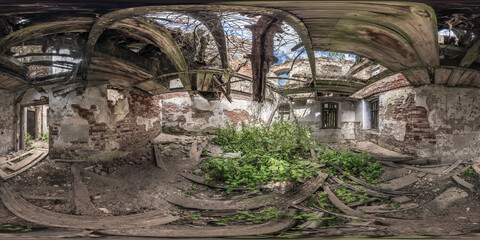 360 hdri panorama inside abandoned ruined bushy concrete decaying old building without roof in full...