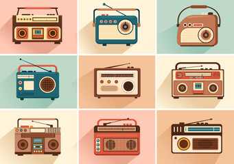 Retro Radio Player Style for Record, Old Receiver, Interviews Celebrity and Listening to Music in Template Hand Drawn Cartoon Flat Illustration