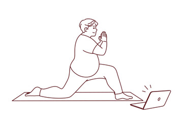 Fat man in sportswear training on mat with online video lesson on computer. Overweight male do sports exercise with classes on internet on laptop. Healthy life and weight loss. Vector illustration. 