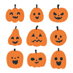 Set of cute carved pumpkins for halloween. HAnd drawn vector illustration