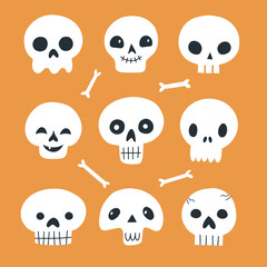 Set of cute sculls for halloween. HAnd drawn vector illustration