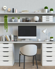 3D render of interior living room workspace with desk and desktop computer