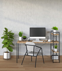 3D render of interior living room workspace with desk and desktop computer