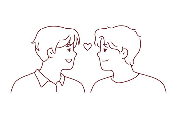 Close-up of gay couple looking in eyes feel in love. Smiling men show care and affection. Homosexual relationship and lgbt. Vector illustration. 