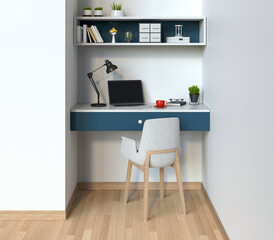 3D render of interior modern living room workspace with laptop computer