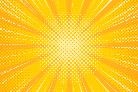 Pop art comic yellow background with halftone, rays, gradient. Vector cartoon illustration in retro style. Design for comic book, poster, banner