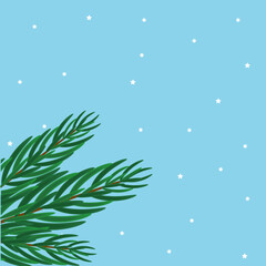 Fototapeta na wymiar Christmas card with green fir branches and snowflakes on a blue background