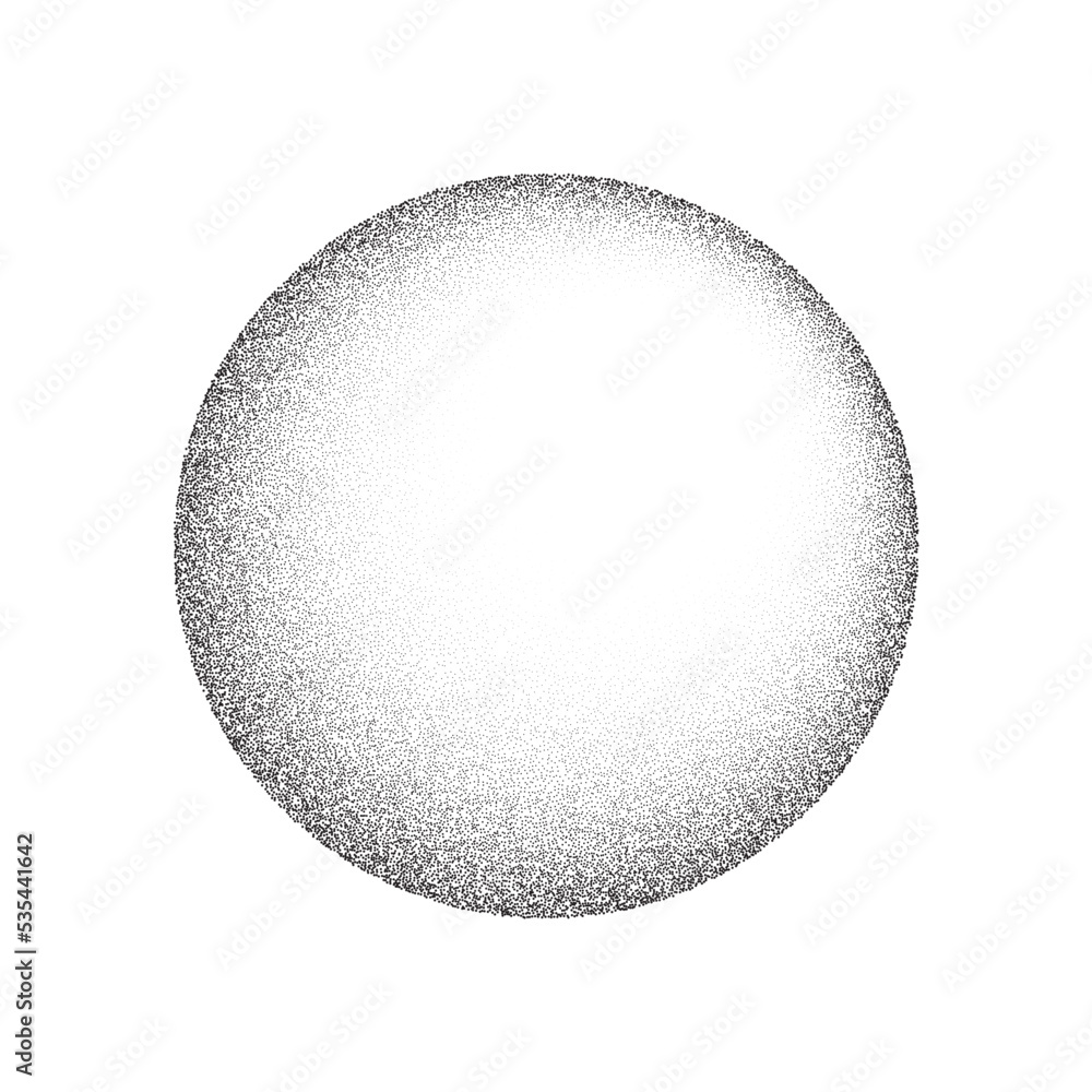 Poster Grain circle gradient. Stippled round shape. Radial stochastic dotwork texture. Random grunge noise background. Black dots sphere. Halftone vector 