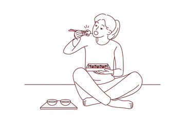 Happy young woman sit on floor eating sushi with chopsticks. Millennial female enjoy traditional Japanese food at home. Cuisine concept. Vector illustration. 