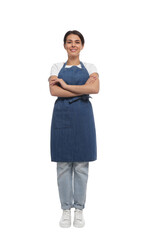 Young woman in blue apron on white background