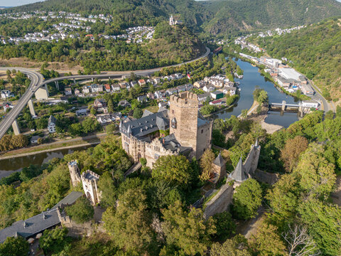 Aerial view Lahneck Castle at lahn River Valley by City Lahnstein near Koblenz in Germany Built 1226