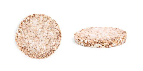 Tasty crunchy puffed cakes on white background