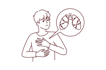 Unhealthy man suffer from lungs disease need medical help. Unwell male struggle with breathing disease. Healthcare concept. Vector illustration. 