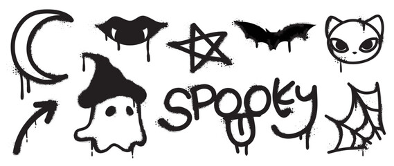 Set of graffiti spray pattern. Collection of halloween symbols, ghost, moon, cat, spooky, bat, arrow with spray texture. Elements on white background for banner, decoration, street art, halloween.