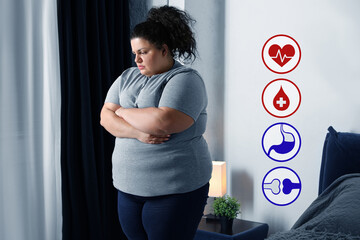 Virtual icons demonstrating different health problems and overweight woman at home - obrazy, fototapety, plakaty