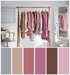 Color palette appropriate to photo of stylish women's clothes on rack in room