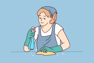 Female housekeeper with detergent and cloth working cleaning surface. Housewife take care of house cleanliness. Housekeeping and hygiene. Vector illustration. 